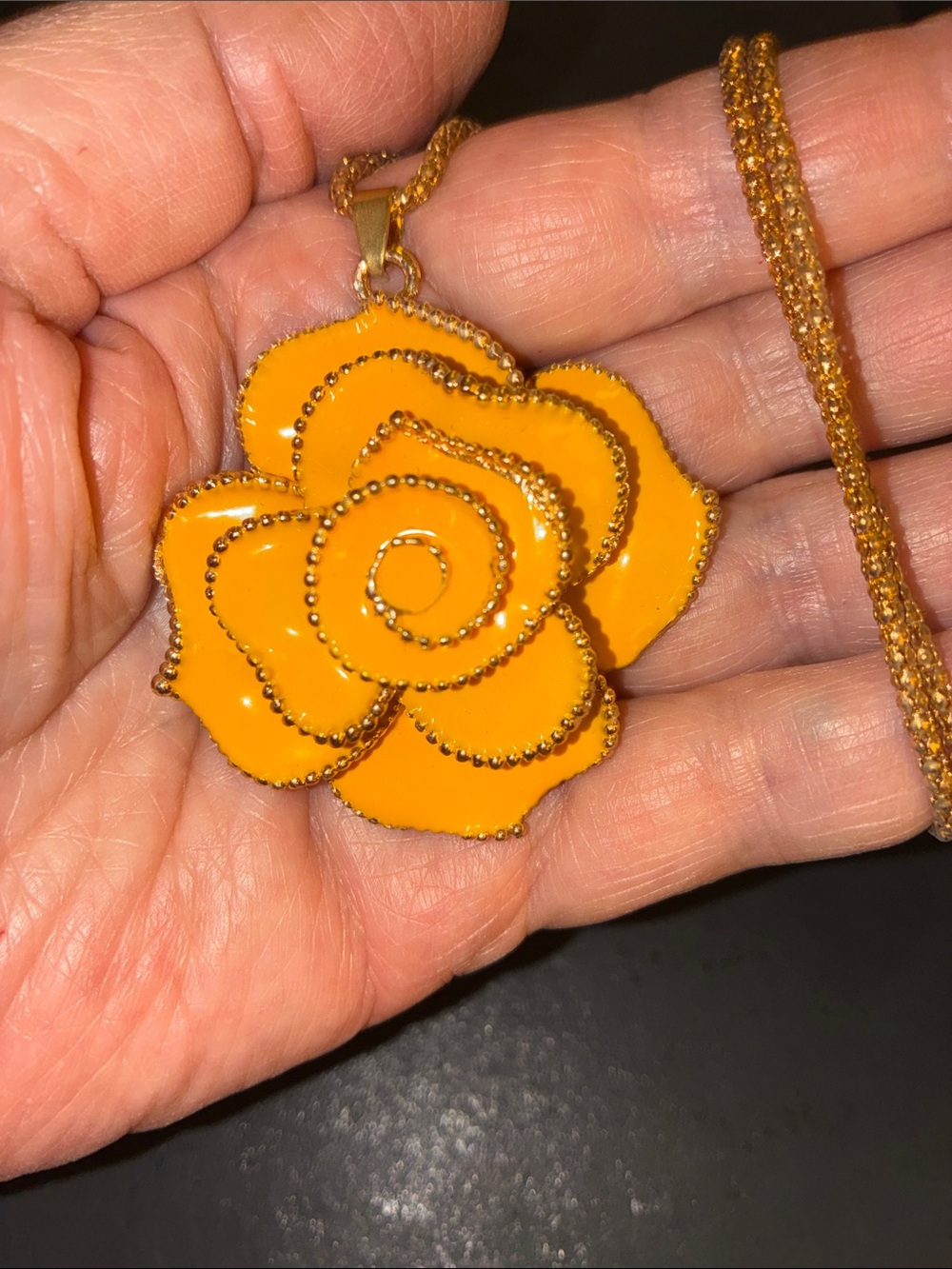 Yellow Enamel Flower Pendant Necklace. Gold Beaded Detailing On The Petals